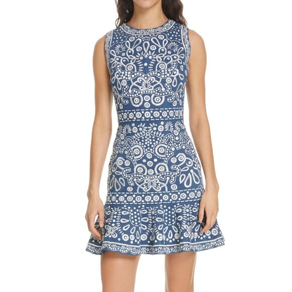 Alice + Olivia Rapunzel Mini Dress Embroidered Blue Denim Floral Dot Chambray 8 - Picture 1 of 15